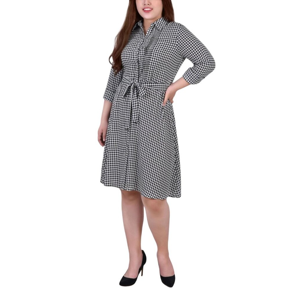 NY Collection Black and White Houndstooth Shirt Dress